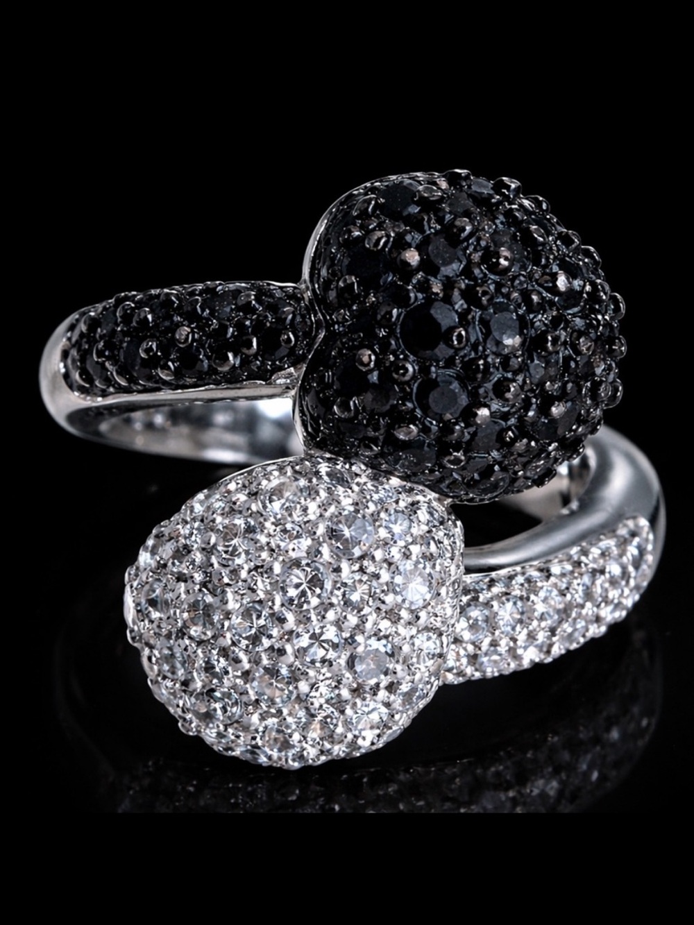 Black white CZ bypass heart silver ring statement, ladies jewelry cocktail pinky